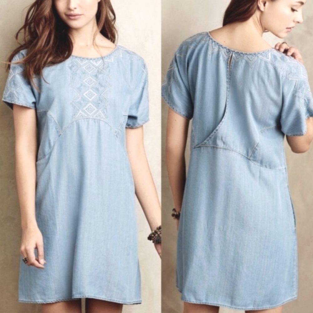 Anthropologie Holding Horses Chambray Embroidered dress size Large